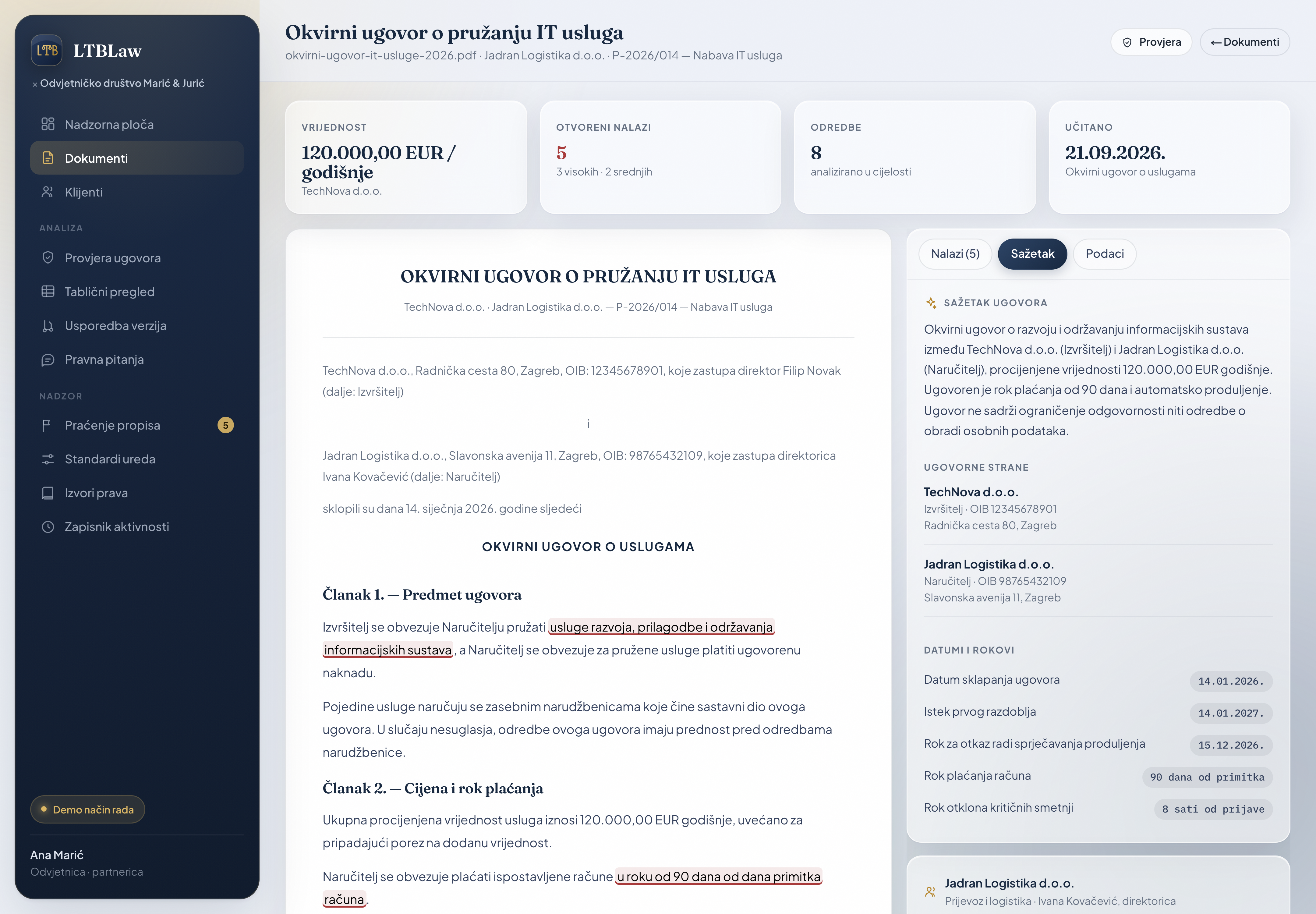 LTB Law summary beside the original sample contract